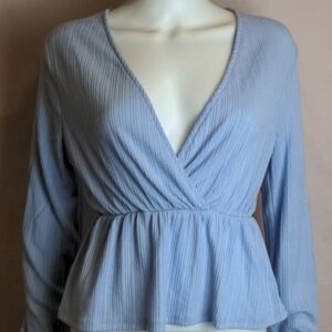 Streetwear Society Light Blue Ribbed V Neck Long Sleeve Blouse